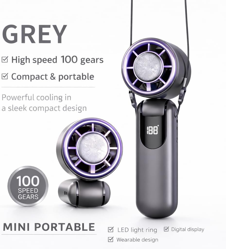 LWW Handheld Cooling Fan with Ice Cooler, 100 Adjustable Speeds Turbo Portable Fan, Rechargeable Personal Fan that Blows Cold Air, Mini Pocket Fan for Travel, Outdoor & Hot Flashes(grey)