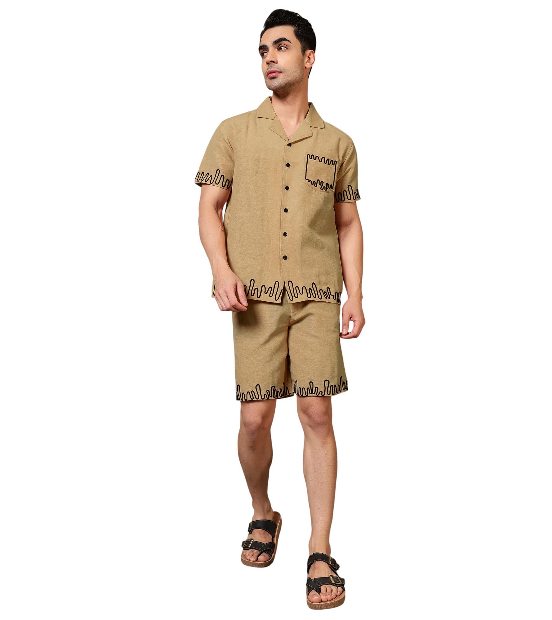 Men's Solid Cotton Poplin Shirt with Knee Length Shorts Combo Cord Set|Half Pant|Shirt Dress|Notched Collar|Half Sleeve|Co ords for Men Fashion|Beach Wear|Casual Wear|Two Piece(Teal Blue)-image-43