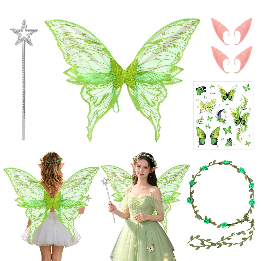 KQWVZ Fairy Wings for Girls Women, 5PCS Butterfly Wings Adults, Angel Costume Accessories with Flower Headband Elf Ears Fairy Magic Wand Stickers, Dress Up Costumes for Halloween Party Cosplay — image 1
