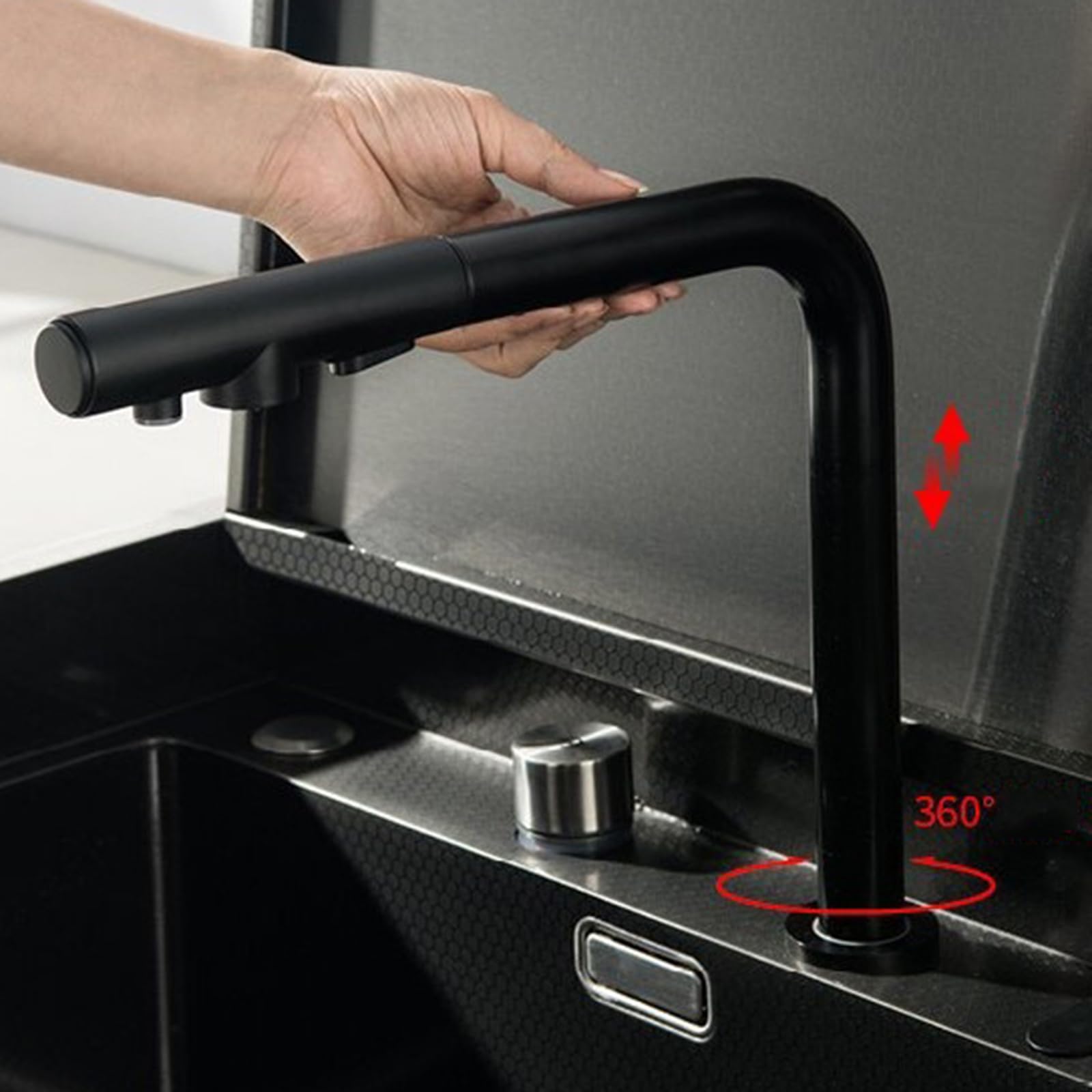 XJTNLB Grifo Cocina 3 Vias Osmosis Extraible Negro Grifo de Cocina Fregadero Bajo Ventana Giratorio A 360° Grifo Camper