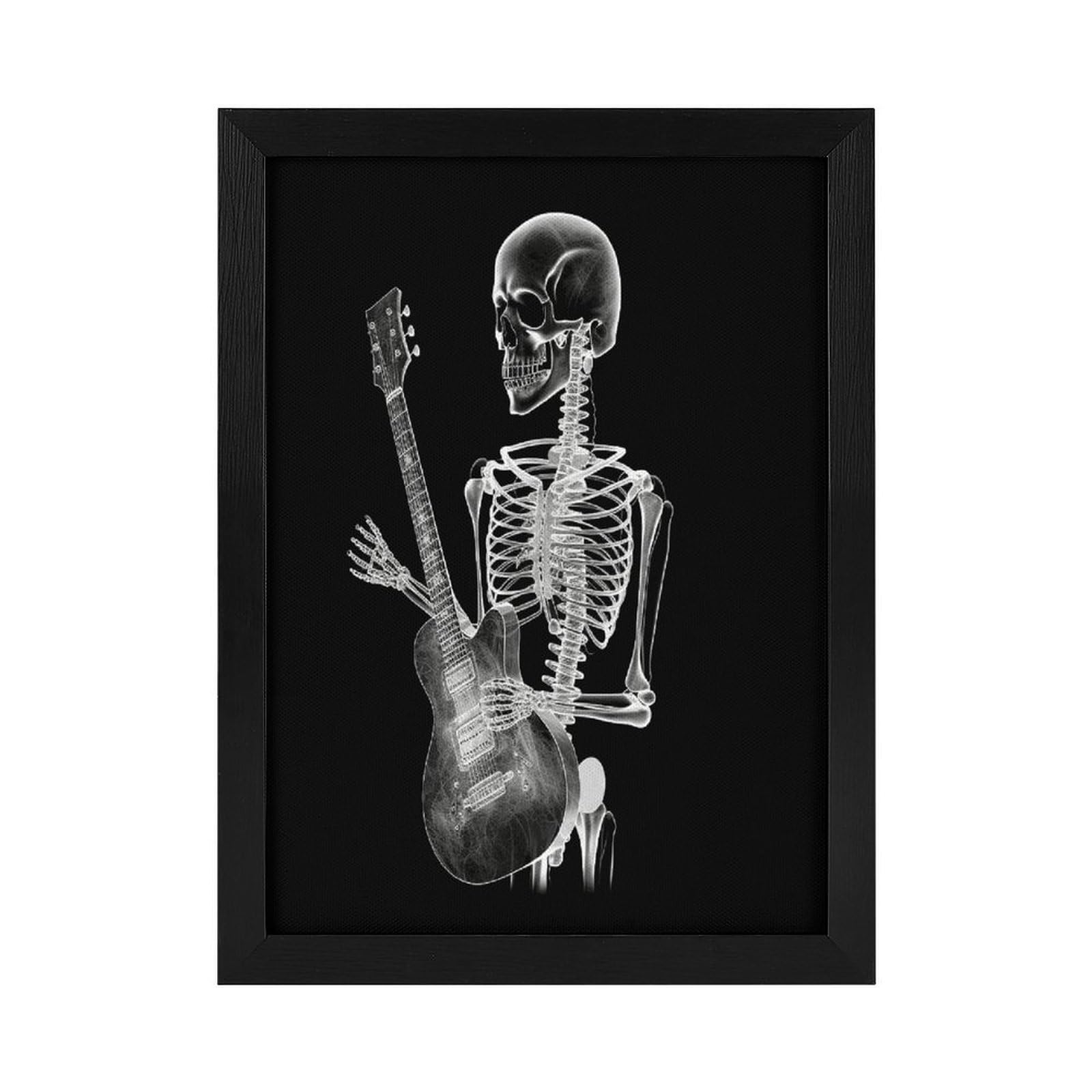 Abstract X-ray Skull Skeleton Playing Guitar Framed Wall Art Canvas Prints Wooden Wall Decor Painting Vintage Artwork Aesthetic Posters Prints for Farmhouse Office Home Decor Art Painting &Gifts