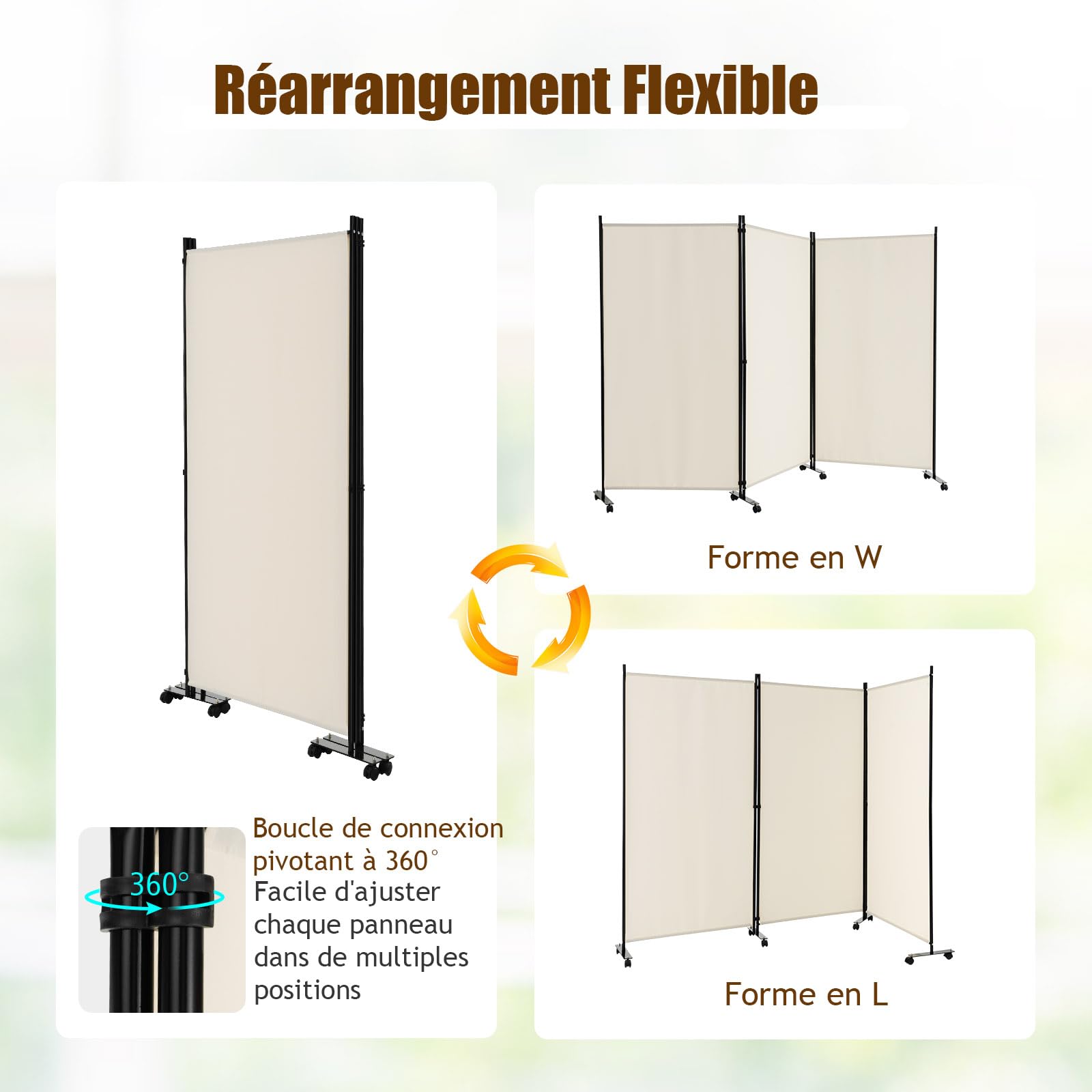 GIANTEX Paravent de séparation de pièce, 262 x 180 cm, avec roulettes, 3 pièces, Pliable, en Tissu, en Fer, séparateur Mural privé pour Chambre à Coucher, Bureau (Beige)