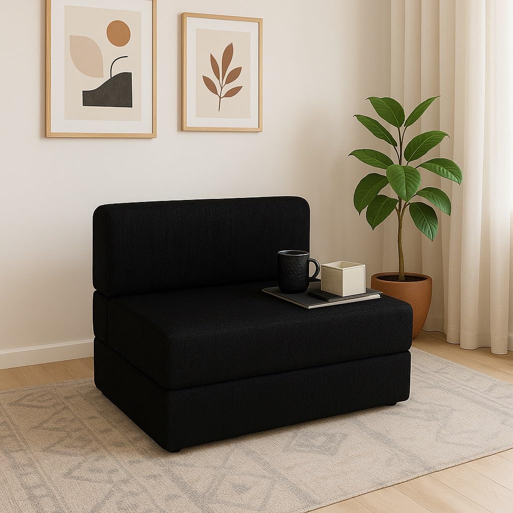 PUM PUM 2 Seater Sofa Cum Bed | EPE Foam Foldable Couch with Washable Cover | 36 Inch Width Compact Sleeper for Home & Guest Room,Black