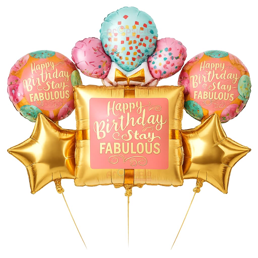 Propsicle Stay Fabulous Birthday Balloon Set Pack of 5 with 36 Inch Square Foil, 18 Inch Star, Printed Round Rose Gold Theme for Women Girls Photo Booth Decoration