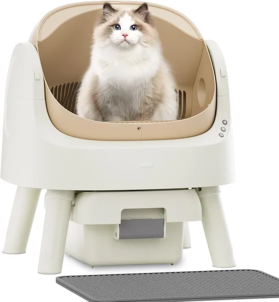 Automatic Litter Box, Self Cleaning Litter Box with Open Top Design, Integrated Safety Protection, Included Mat and Liner, Brown