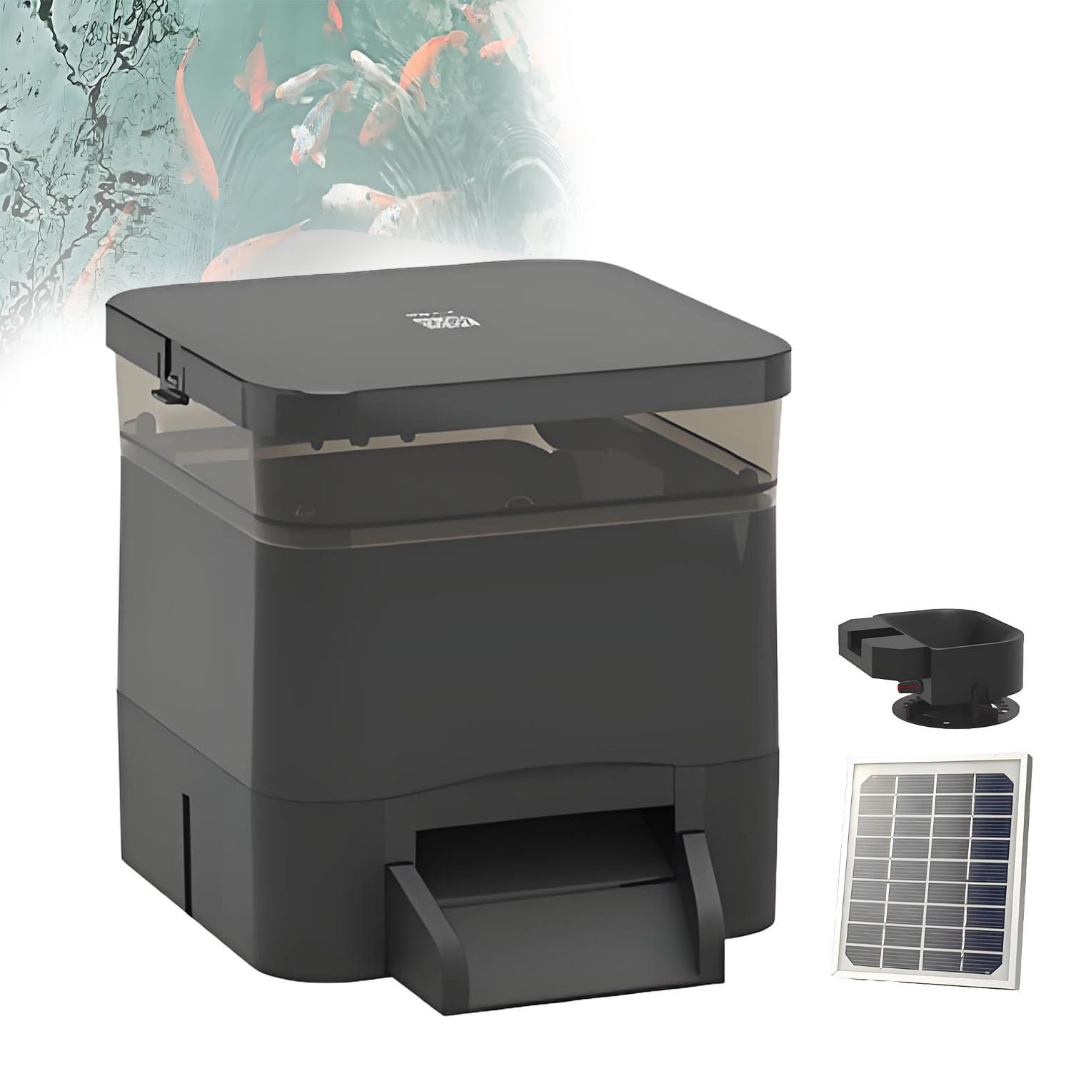 Distributore Elettrico di mangime per Pesci, distributore Automatico di mangime per laghetto, Grande capacità 7,5 Litri, con Timer, Ampia dispersione a 120°, per laghetti/acquari. (4L)