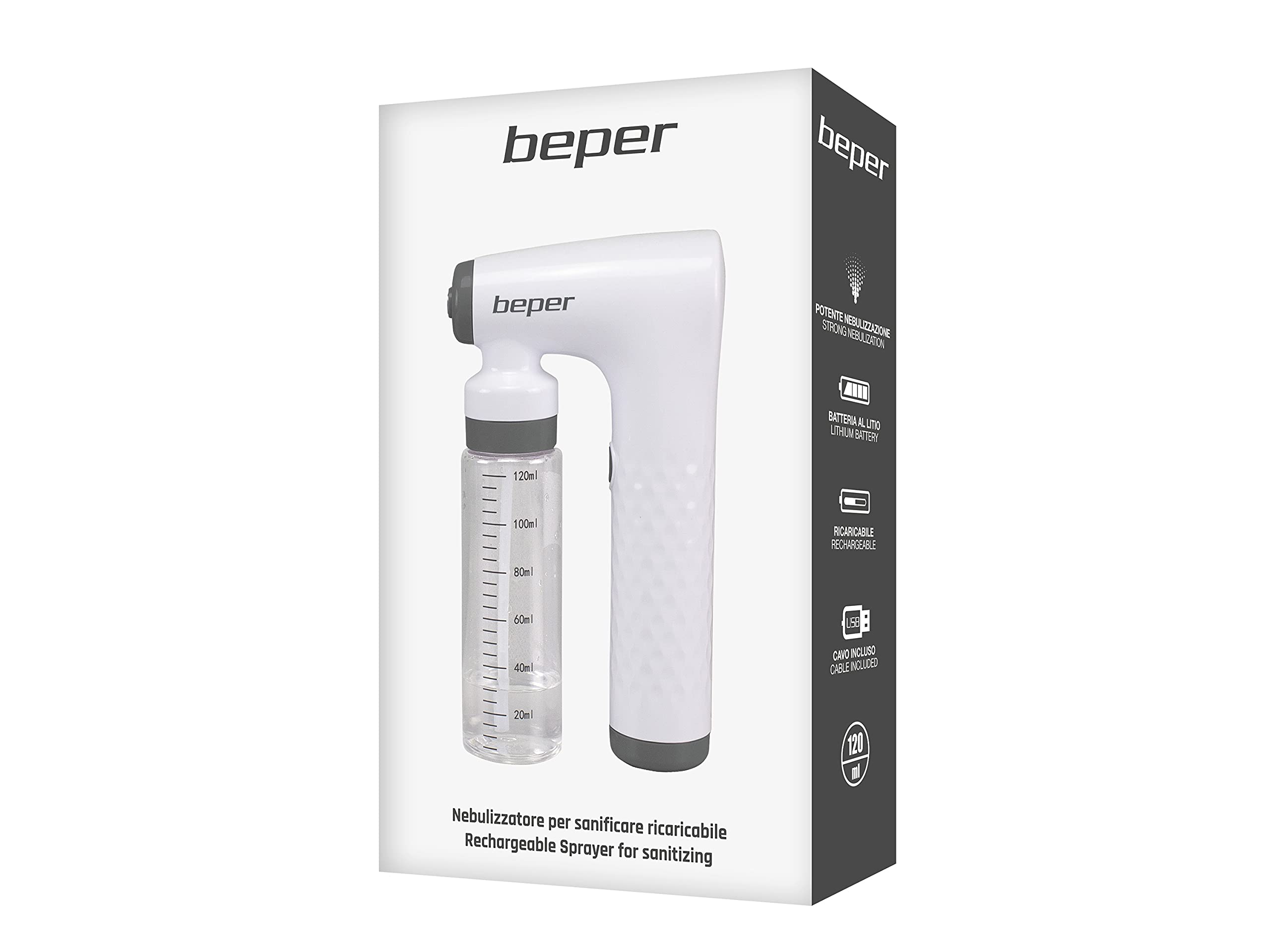 BEPER P202VAL110 Spruzzatore Elettrico, Nebulizzatore ricaricabile,2,6W, ABS, 120 ml, Utilizzabile con soluzioni disinfettanti a base alcolica, per le superfici, mobili e oggetti di uso comune