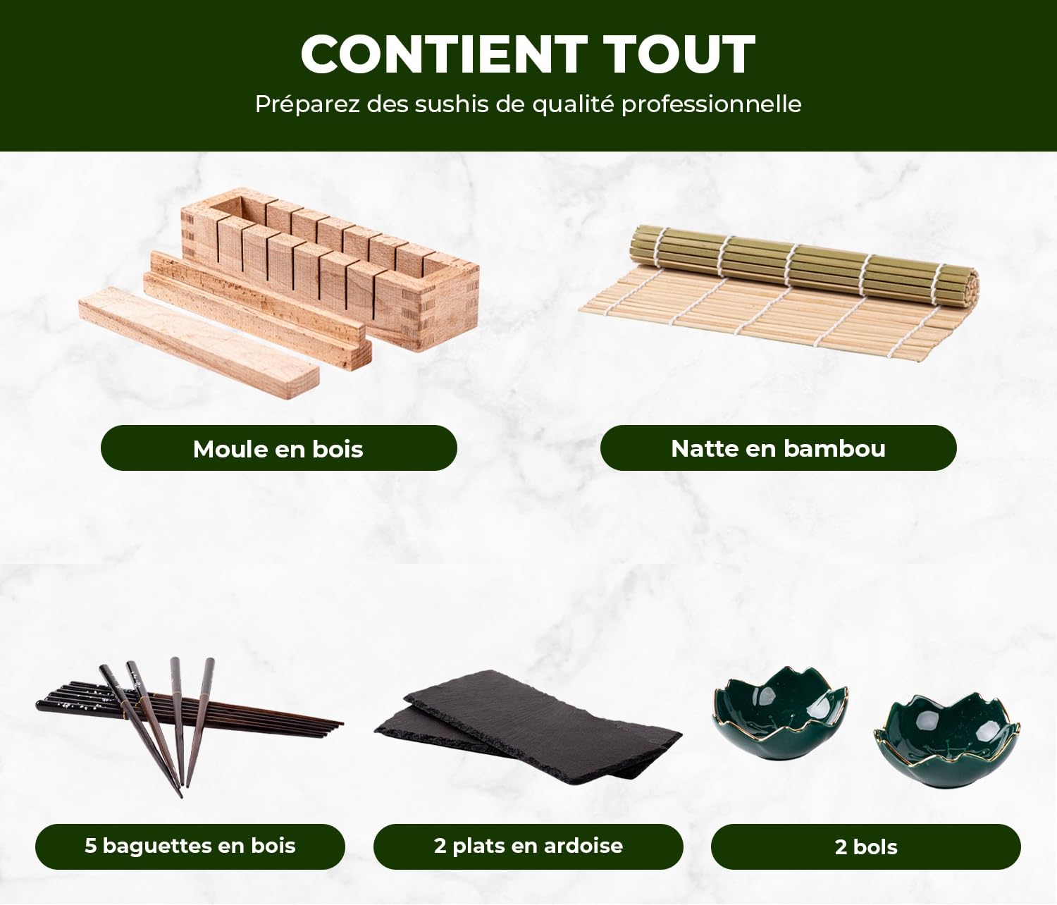 Kit Sushi Complet Premium en Bois + 5 Baguettes + 2 Assiettes en Ardoise + Accesoires | Kit a Sushi | Sushi Maker en Bois | Machine a Sushi | Appareil a Sushi | Maki