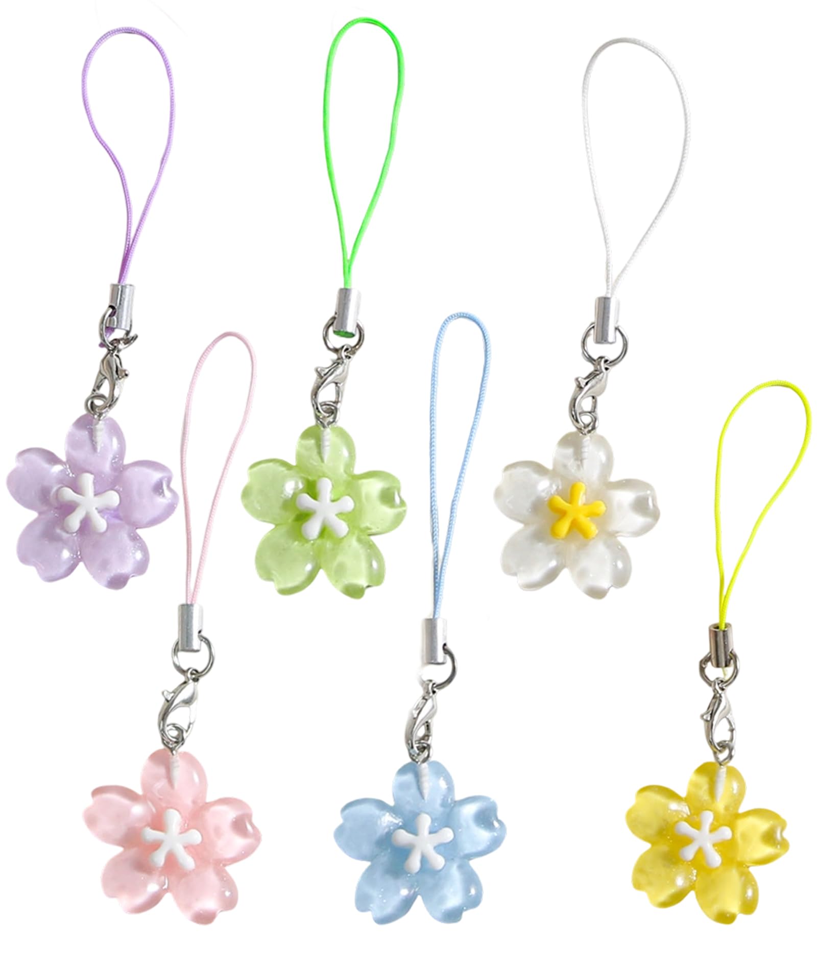 6Pcs Phone Charms, Colorful Transparent Resin Cherry Blossom Flower Keychains, Cute Mobile Charms for Phone Case, Bag, Backpack, Wallet Decoration, Gift for Girls and Women