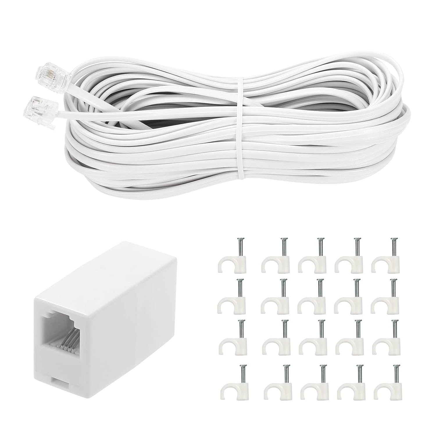 Vthahaby 50 Feet Long Telephone Extension Cord Phone Cable Line Wire, with Standard RJ11 Plug and 1 in-Line Couplers and 15 Cable Clip Holders-White (