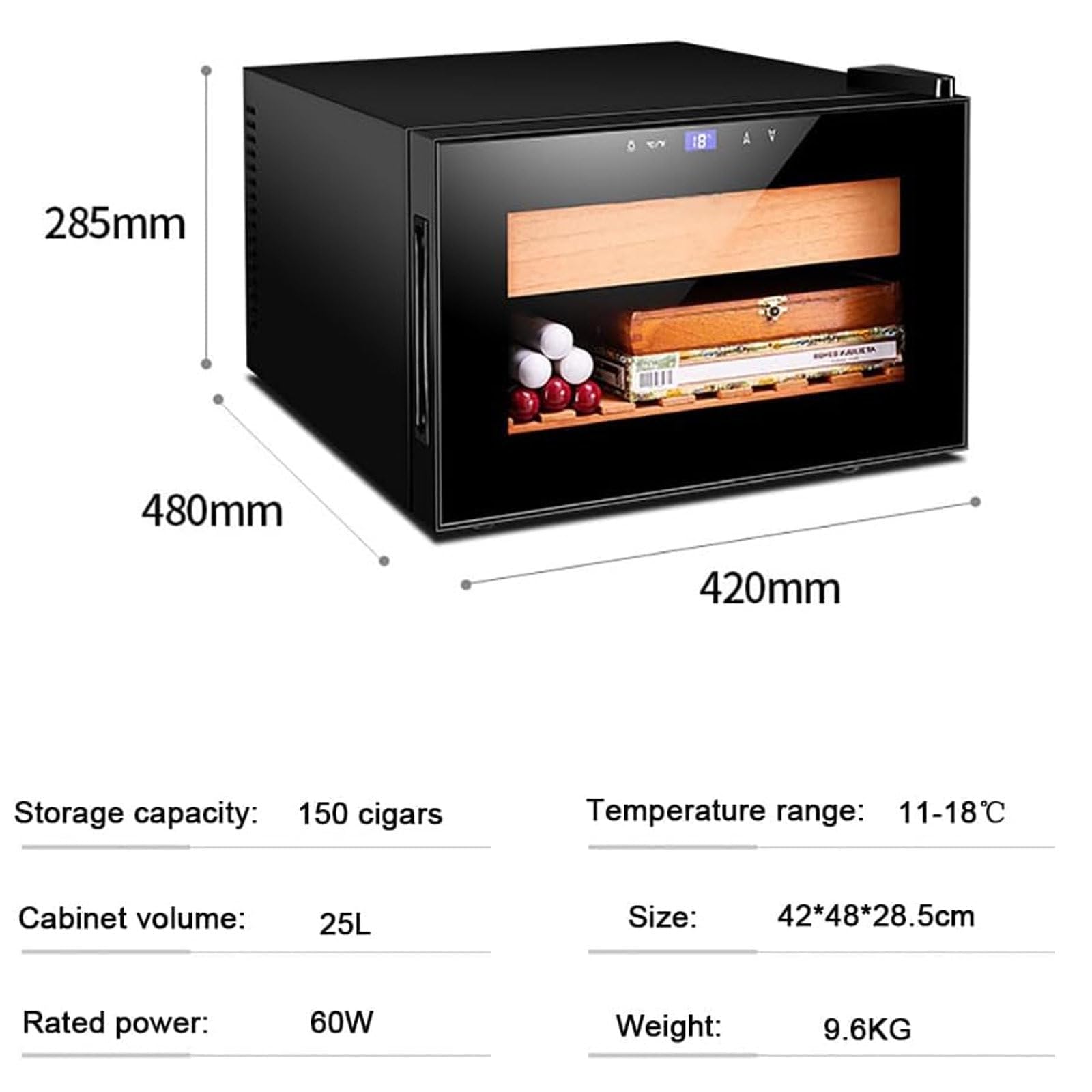 25-Liter-Humidor-Zigarrenschrank, 60-W-Mini-Elektro-Zigarrenschrank, Temperaturbereich 11–18 °C, Intelligente Touch-Steuerung, Bietet Platz Für Bis Zu 150 Zigarren, Für Väter, Ehemänner