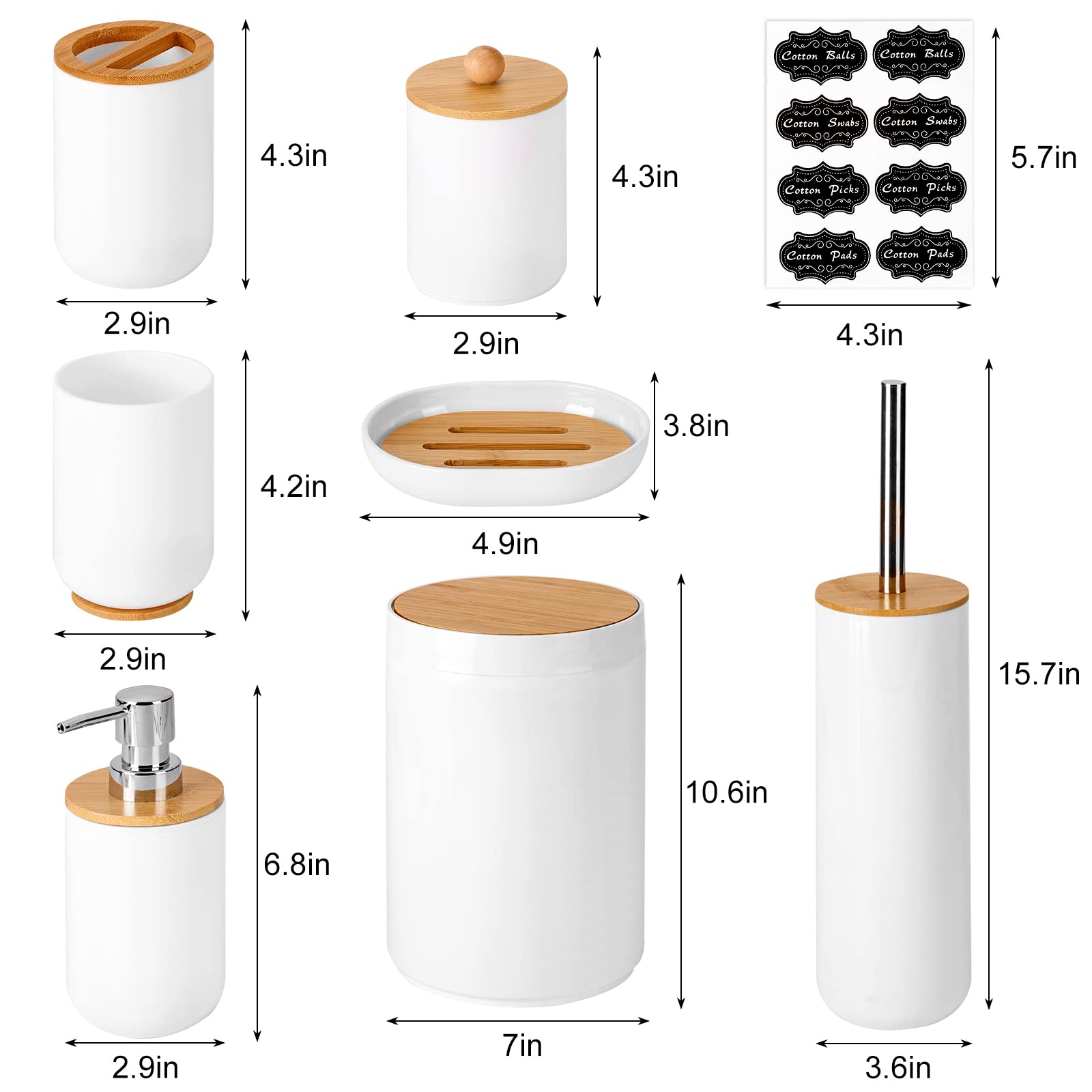 Fixwal Bamboo Bathroom Accessories Set of 8, Soap Dish Soap Dispenser Toothbrush Cup Toothbrush Holder Toilet Brush Trash Can and 2 Qtip Holders with Bamboo Lids(White)