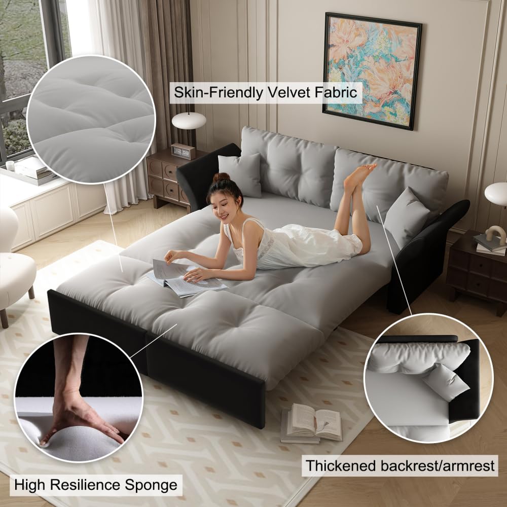 Sapgaks Canapé lit gigogne 190 cm (Taille Queen),canapé Convertible 3 en 1 avec capitonnage et 2 Coussins Moelleux, revêtement en Velours Multifonctionnel (Gris Clair)