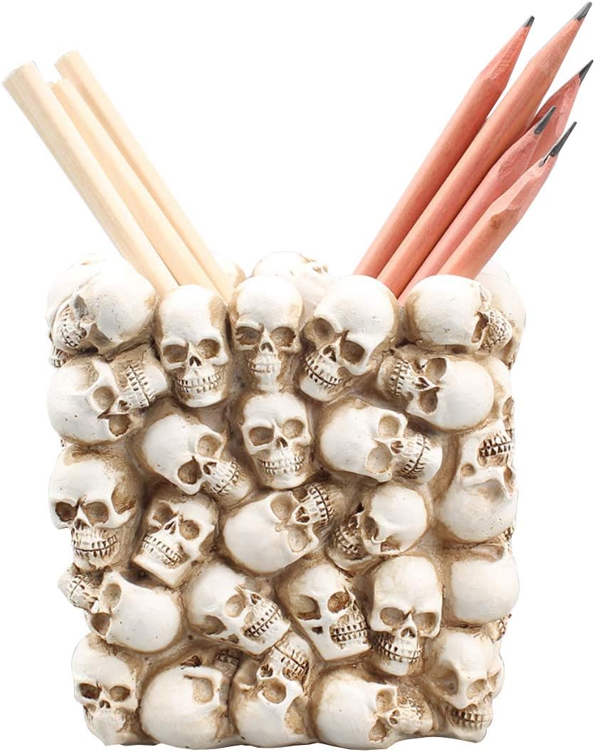Skull Pencil Holder - Skeleton Pen Storage Organizer for Office Desk, Makeup Brush Holder, E-8556, 12x12x10 Inch