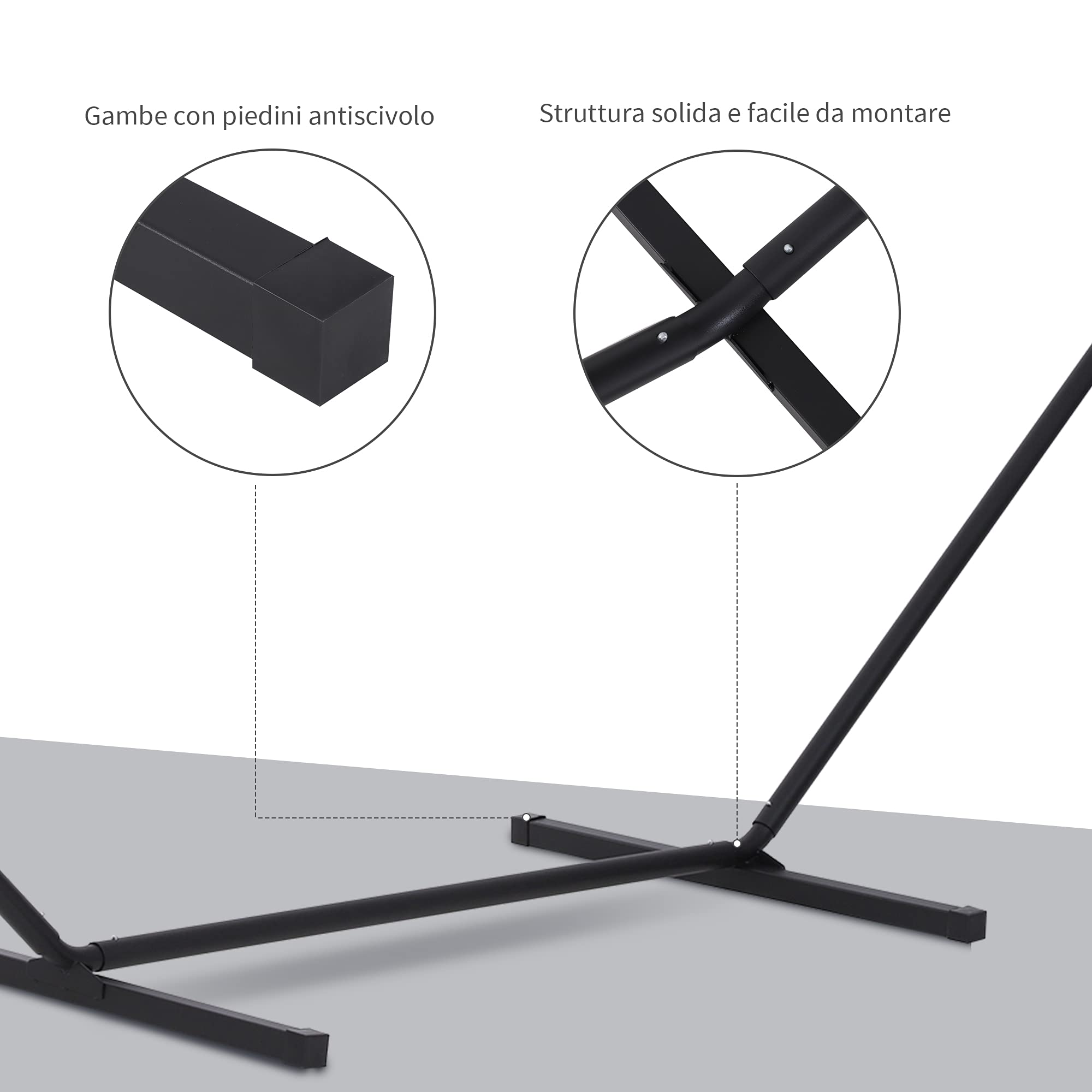 Outsunny Supporto per Amaca 330-360 cm per Interno ed Esterno con Bordi in Gomma, Sostegno per Amaca in Metallo, 360x92x112 cm, Nero