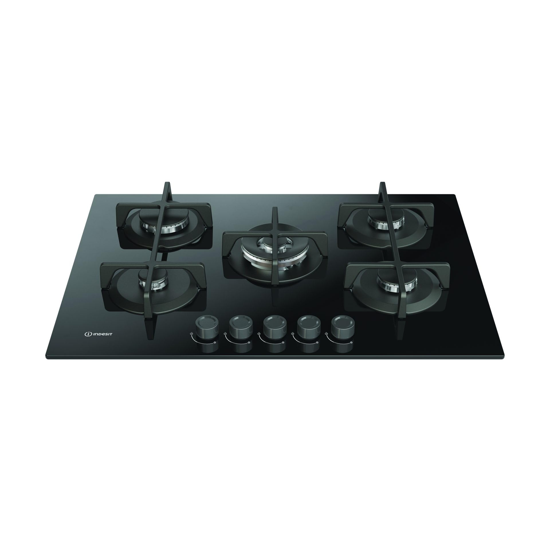 Indesit ING 72T/BK 1 piano gas vetro nero 75cm 5 fuochi bruciatore doppia corona griglie in ghisa lavabili in lavastoviglie