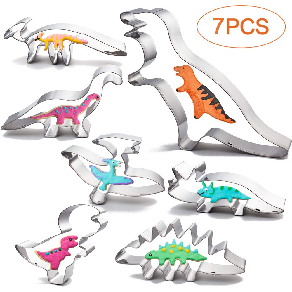 TINGSING Large Dinosaur Cookie Cutter Set 7 Piece T-Rex, Stegosaurus, Parasaurolophus, Triceratops, Baby Dinosaur, Pterodactyl,Brontosaurus, Birthday Party Stainless Steel