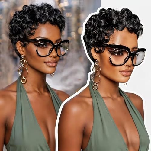 Short Layered Pixie Curly Human Hair Wigs for Women Chic