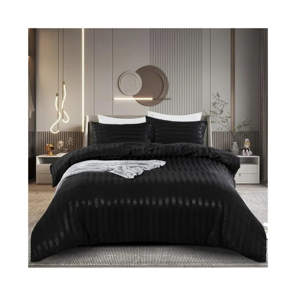 VHKJewE 3Pcs Luxury Silky Like Satin Striped Bedding Set Reversible Comforter Cover with Zipper and Corner Ties(King 230x220cm)