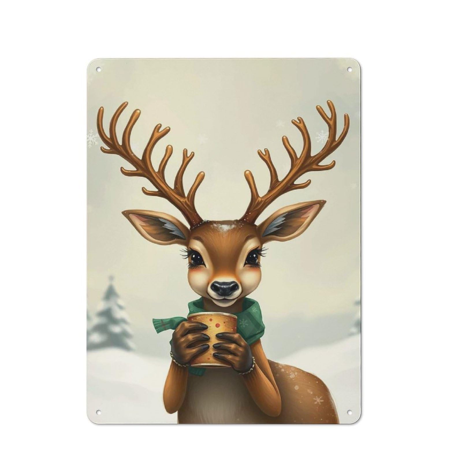 Junmoney Christmas Deer Holding A Coffee Cup For Hobby Room Or Studio, Retro-Style Tin Sign 40X30cm, For Room Styling Across Hobby Rooms And Studios