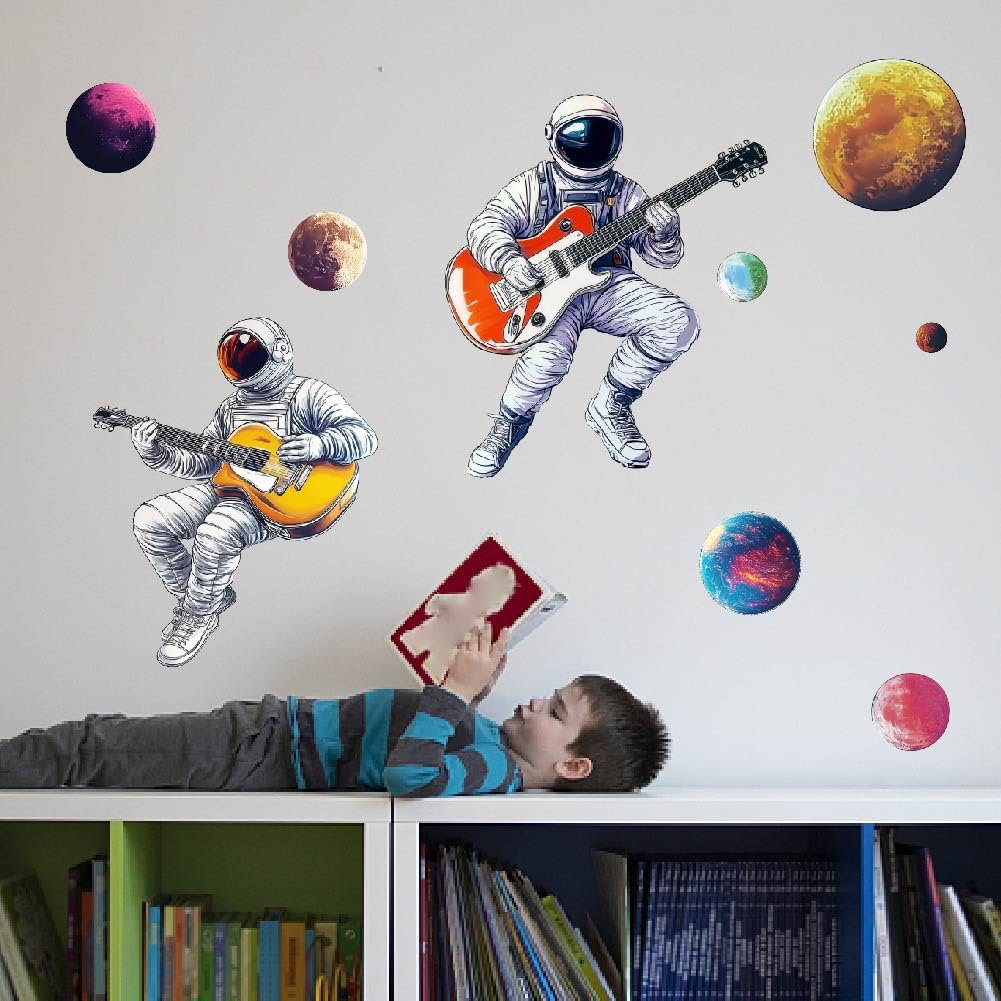 SUPERDANT 3D Space Wall Stickers Music Theme Wall Decal Astronaut Guitar Decals Stickers for Walls Planets Vinyl Art Sticker for Boy's Bedroom Living Room Nursery Space Fan - Image 4