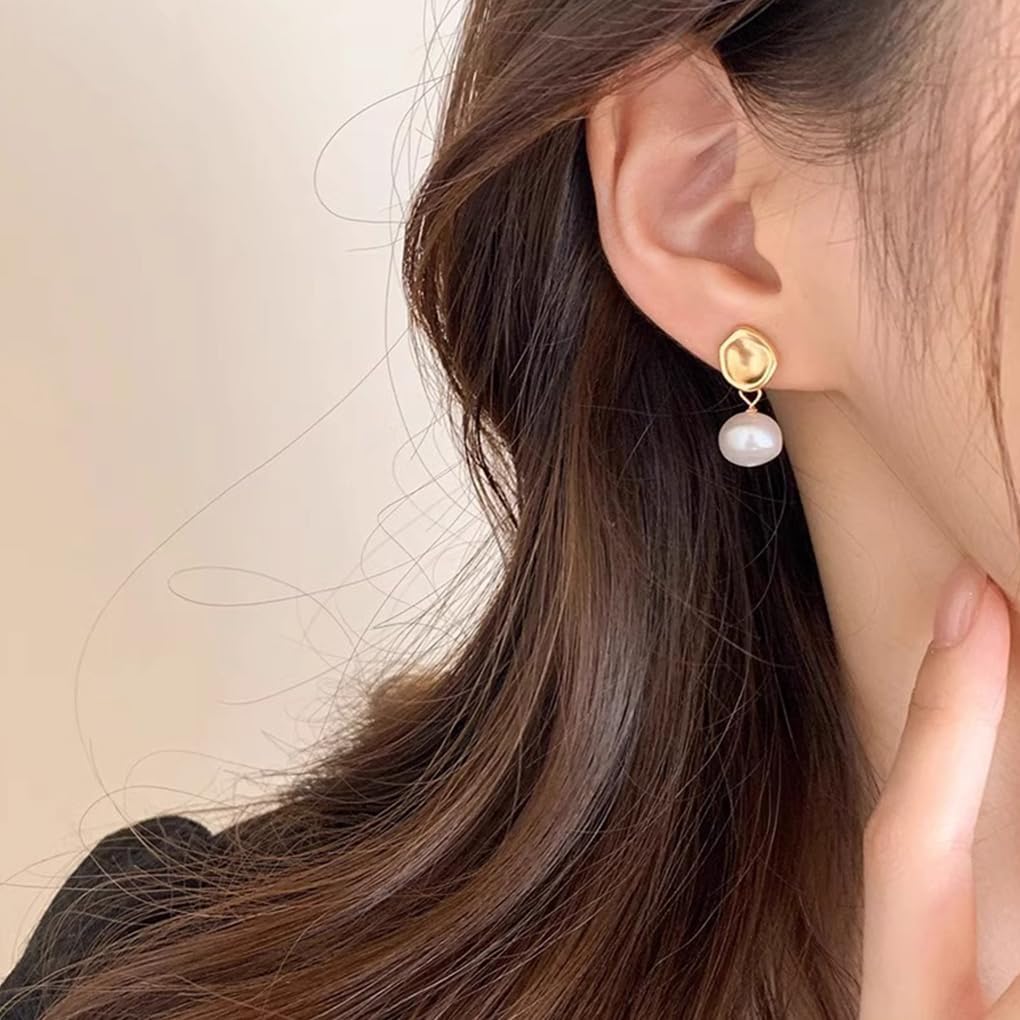 14K Gold Baroque Pearl Dangle Earrings for Women Trendy Vintage Plicated Pearl Stud Drop Earrings Minimalist Bead Earrings Wedding Jewelry Accessories - Image 5