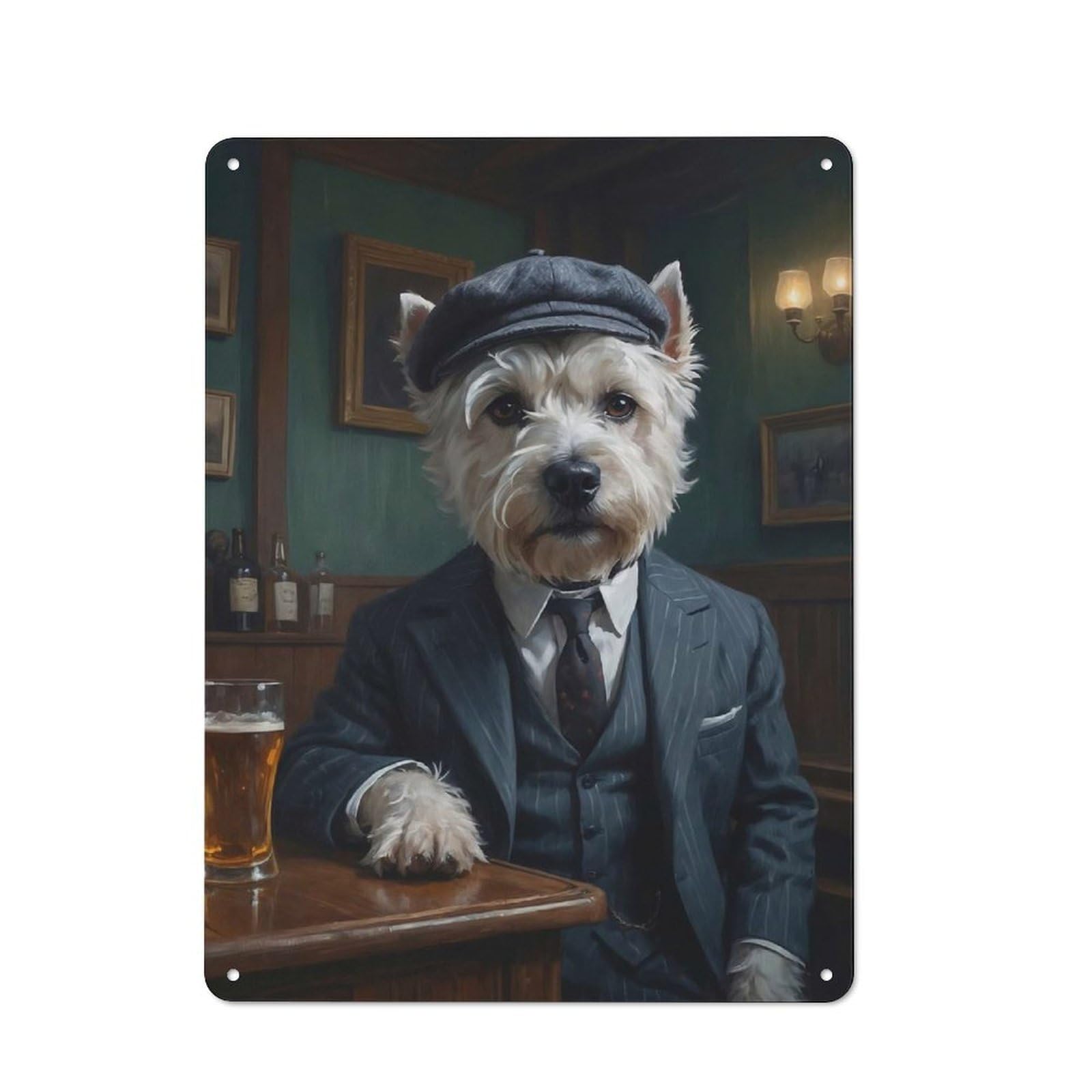 Man Cave West Highland Terrier Dog in Suit at The Pub Tin Wall Sign, Wall Decor for Workshop, Shed And Game Room, 40x30cm