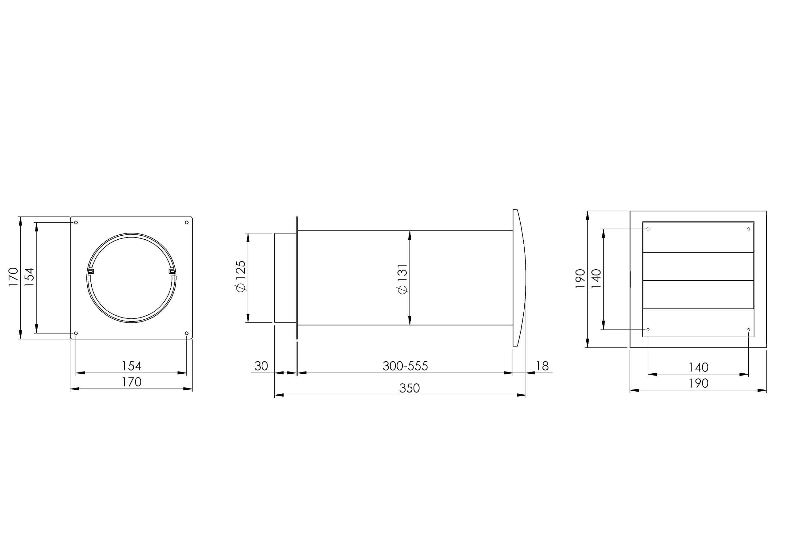 Ø 125mm Kit de Ventilación Mural - Tubo Telescópico de Plástico - Rejilla de Ventilación con Persianas Automáticas y Mosquitera