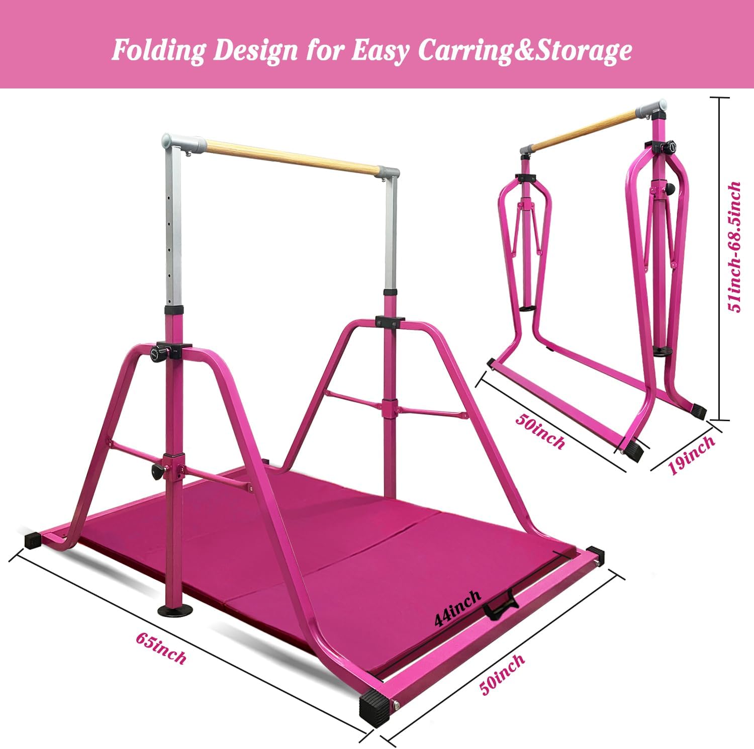 Foldable Gymnastics Kip Bar,Horizontal Bar for Kids,No Wobble Gym Equipment for Home Indoor,3' to 5' Adjustable Height,Gymnasts 1-4 Levels,300 lbs Weight Capacity
