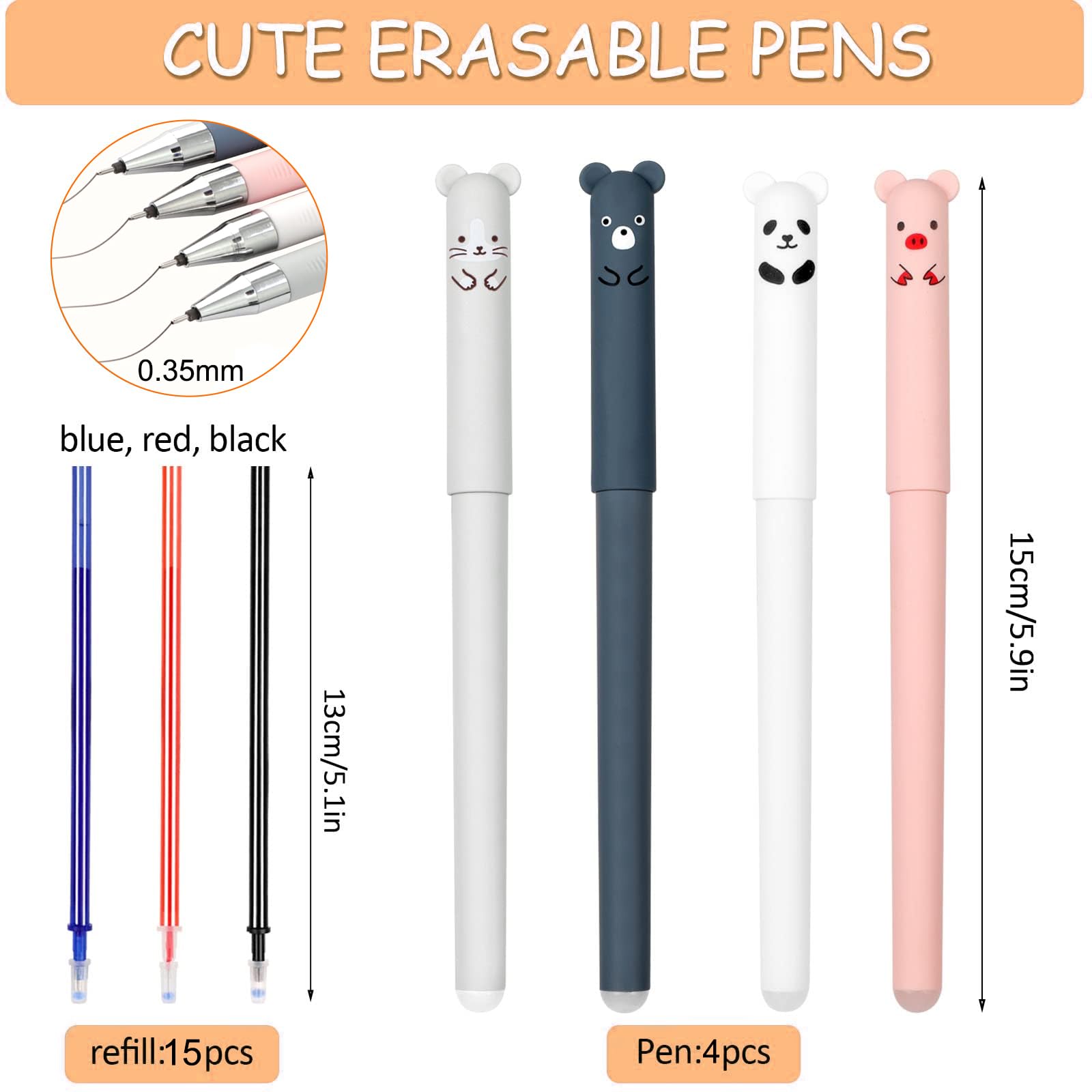 DOETYD Erasable Gel ink Pens 8 Pens+24 Refills Cute Animal Pen Erasable Gel ink Rollerball for School Office Adults Kids Students - Image 2