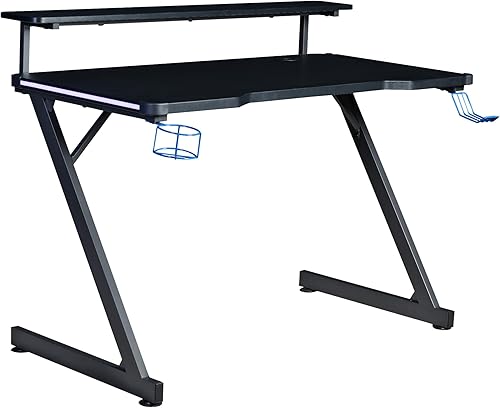 Aon Series 48" LED Gaming Desk with Riser Shelf, Cable Management Grommet, Cup Holder & Headphone Hook – Carbon Fiber Black
