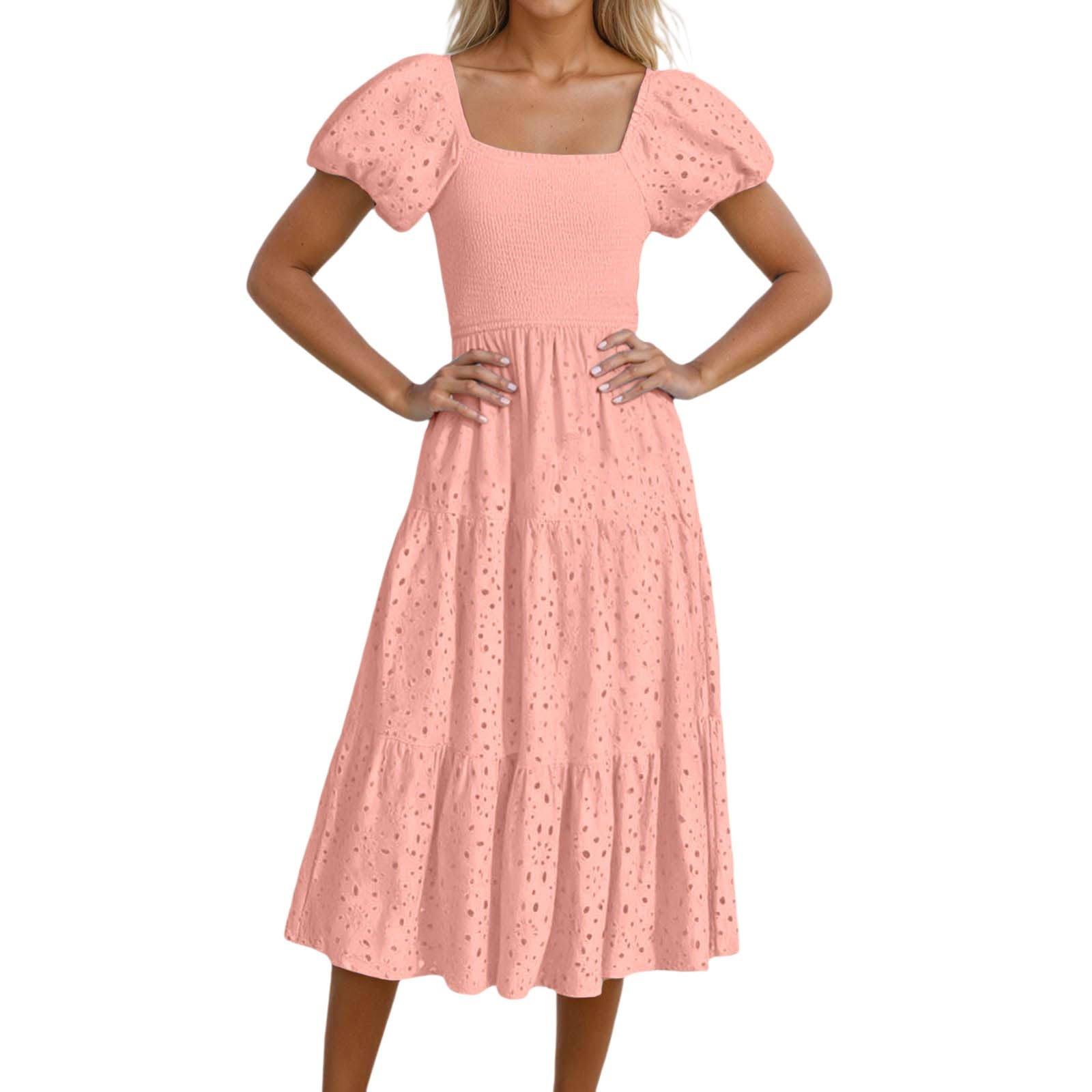 Women Summer Casual Dress Square Neck Puff Sleeve Boho Flowy Short Smocked Eyelet Midi Dress for Beach Wedding (S) Pink