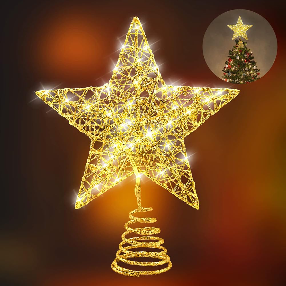 Christmas Tree Toppers Xmas Glitter Light-ing Star Treetop Topper Metal Christmas Hollow Wire Star Topper for Christmas Halloween Home Decoration,Gold
