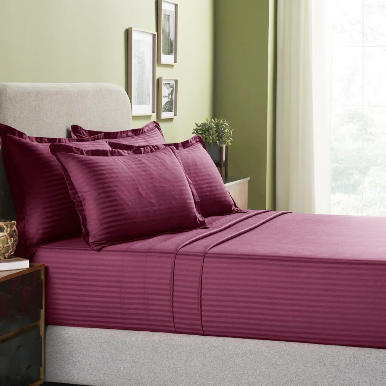 COTFLEX Bedsheet for Double Bed King Size with Two Pillow Covers,Glace Cotton Satin Striped Plain, Pack of 1 (Maroon)