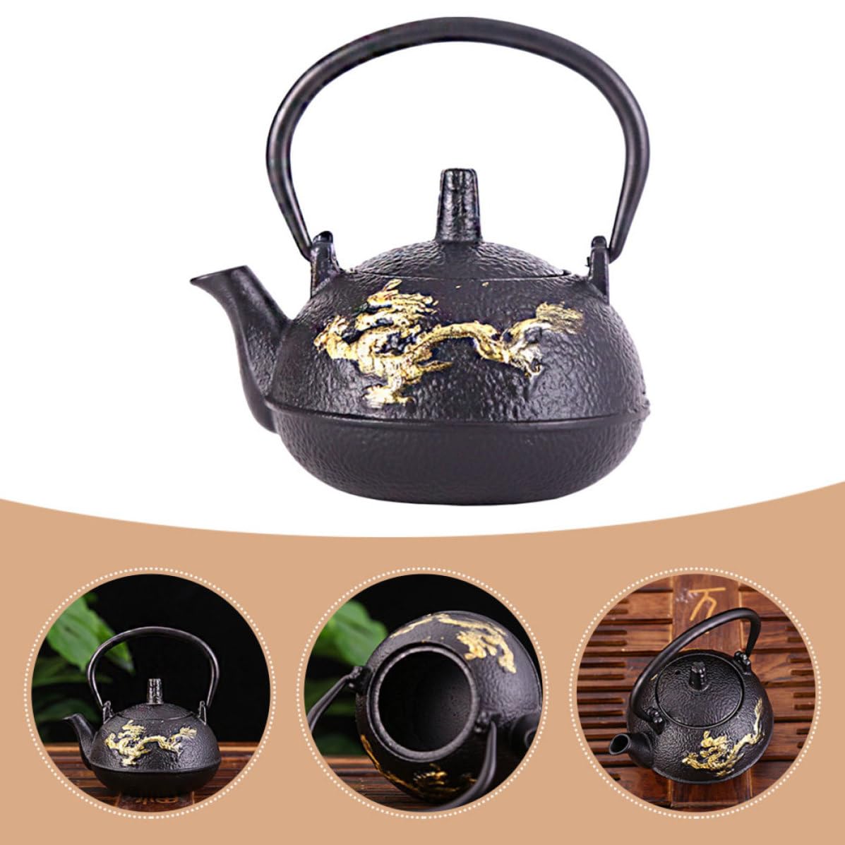 Tetera de Hierro Fundido Tetsubin Negra 0, 3 L Estilo Retro | Infusor Incluido, Uso Doméstico, Aislamiento Térmico y Limpieza Sencilla
