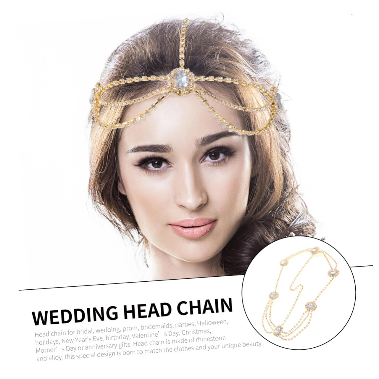 Vintage Gothic Bridal Head Chain with Rhinestone Crystal, Gold Sparkling Wedding Headpiece Jewelry for Women Brides, Elegant Hair Accessory for Wedding Ceremony