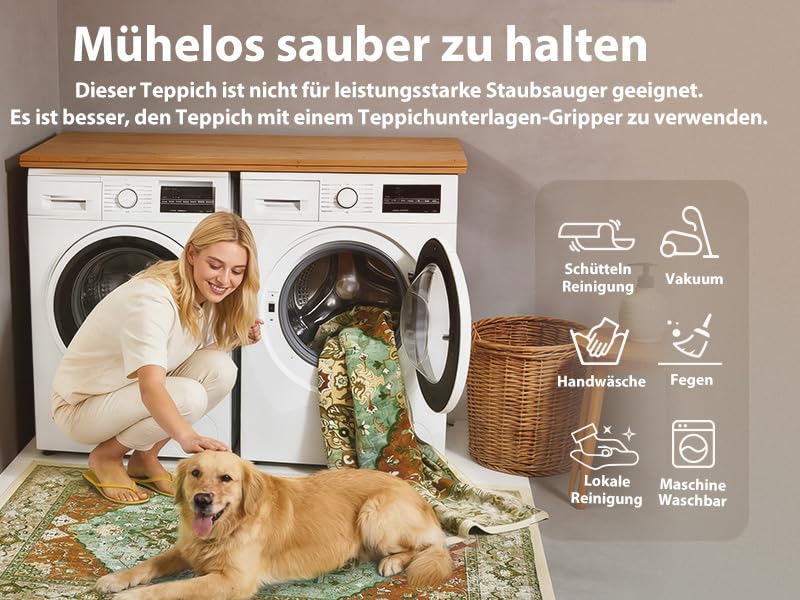 Puremy Vintage Teppich Wohnzimmer, Waschbar Weich Teppiche 140X200CM, Grün – Ansicht 3
