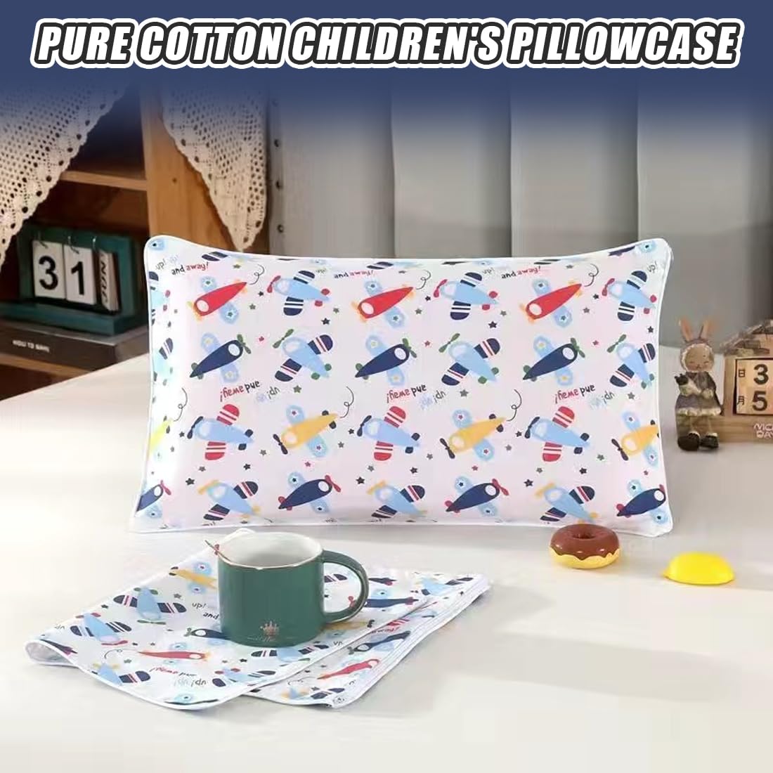 2 pcs Federa Cuscino 100% Cotone con Chiusura a Busta per Bambini e Neonati, Federa Cuscino 40x60 per Carrozzina e Lettino (Aereo)