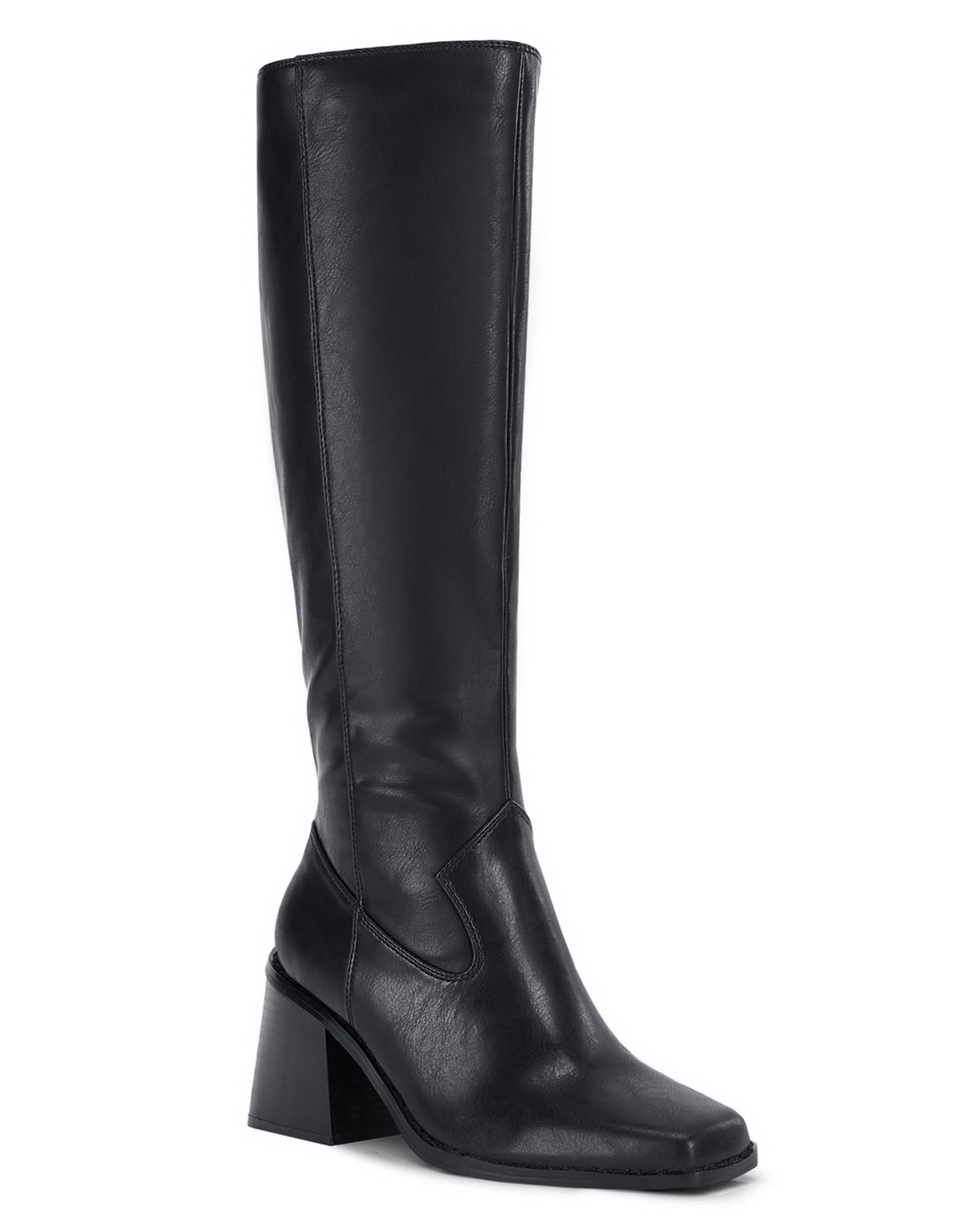 Coutgo Womens Knee High Boots Wide Calf Square Toe Chunky Heeled Pull-on Boot
