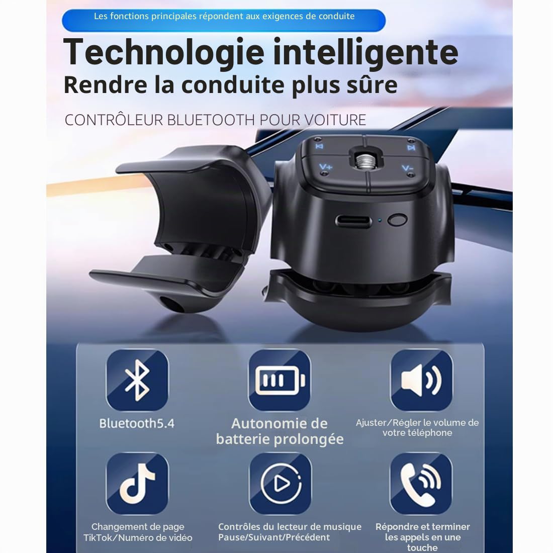 Télécommande Bluetooth, télécommande médias, contrôle de défilement TikTok, contrôleur de Musique, pour Voiture Moto vélo, Bouton intégré au Volant, Batterie Rechargeable, Compatible iPhone Android.