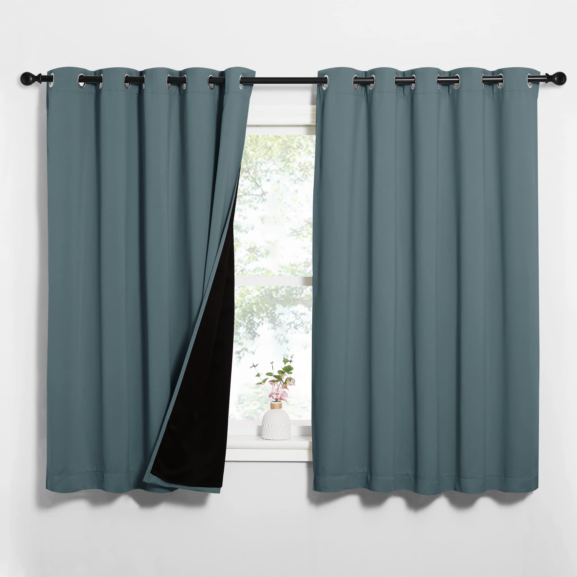 NICETOWN Greyish Green 100% Blackout Lined Curtains, 2 Thick Layers Completely Blackout Window Treatment Thermal Insulated Drapes for Kitchen/Bedroom