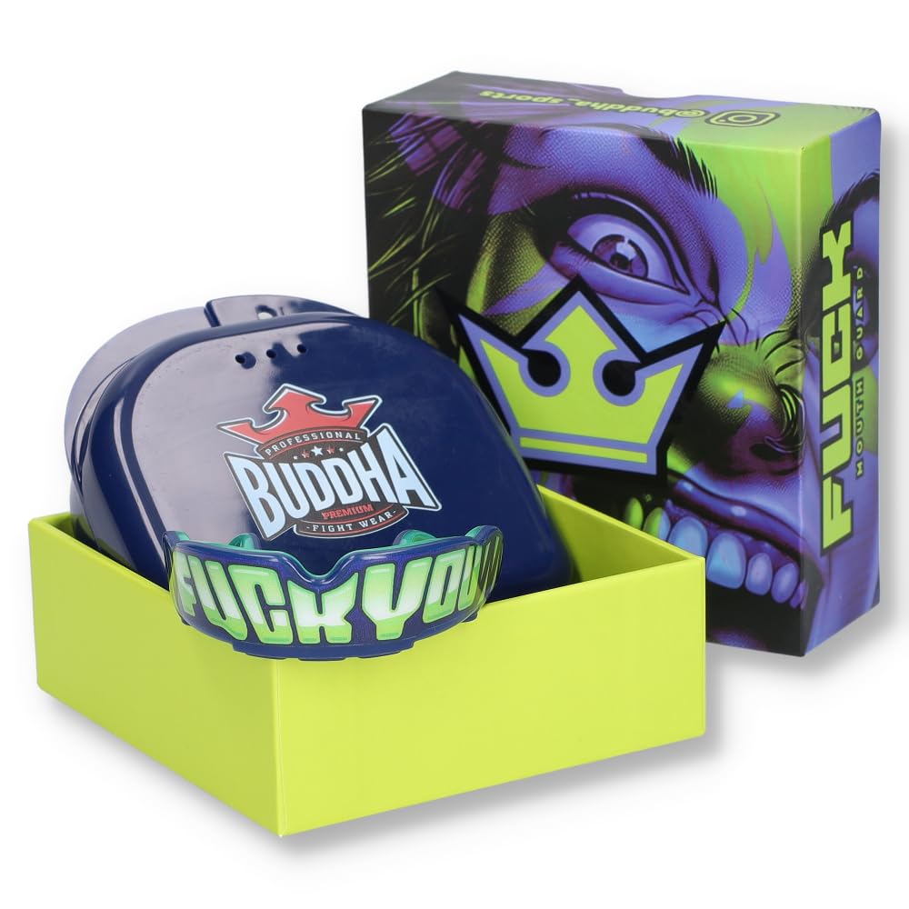 BUDDHA FIGHT WEAR Protector bucal Premium adultos y niños +12 Años para deportes de contacto rugby MMA kickboxing judo hockey boxeo Azul-Amarillo
