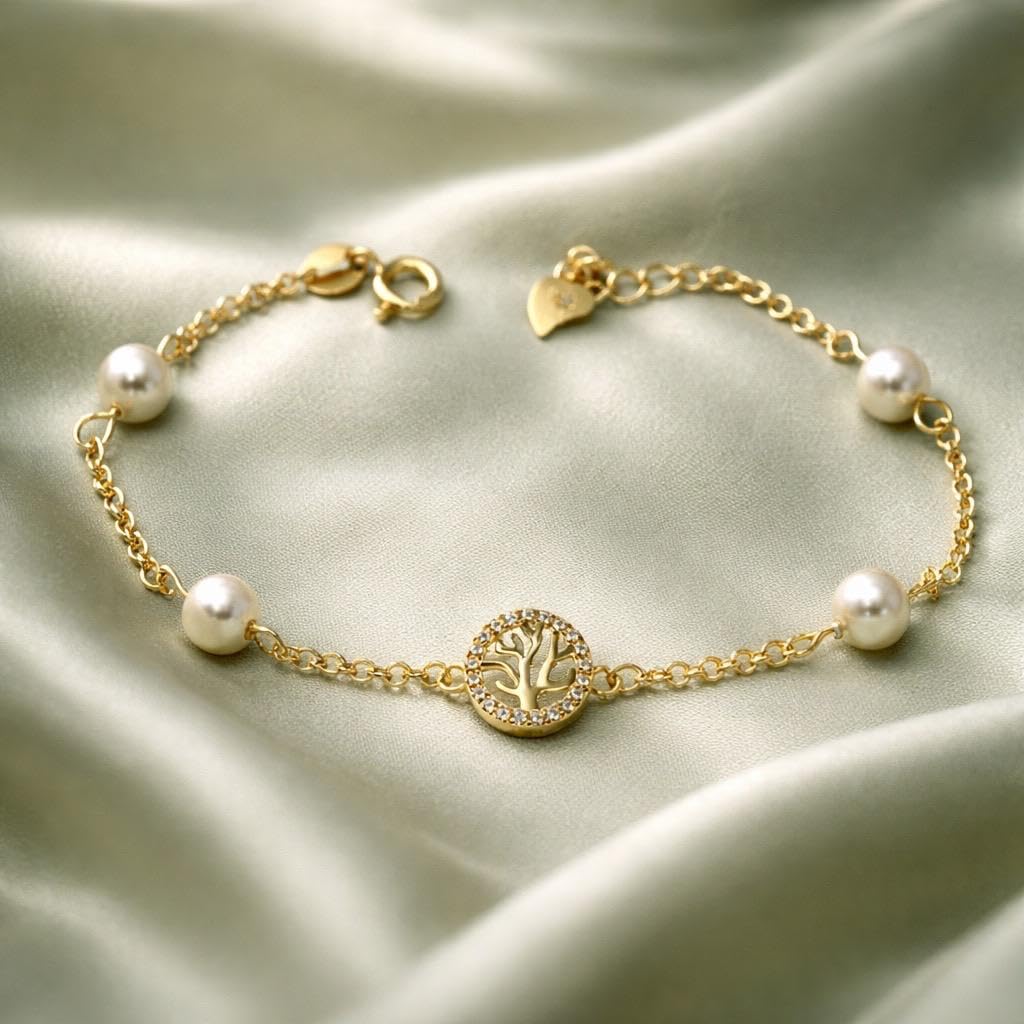 Bracciale per bambini, albero della vita, in argento Sterling placcato oro, con perle coltivate e zirconi, 16 cm + 2 cm, regolabile, prima comunione