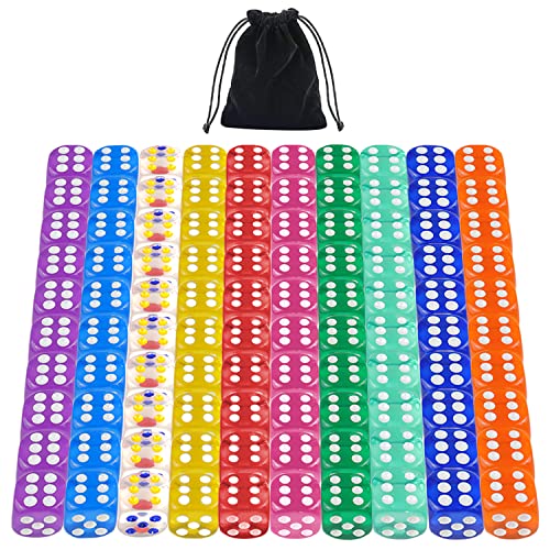 [100 Pieces] 6 Sided Dice Set 10 Colors 16mm Transparent Acrylic Dice for DND, MTG, RPG, Tenzi, Yahtze, Bunco, Table Borad Games, Math Teaching