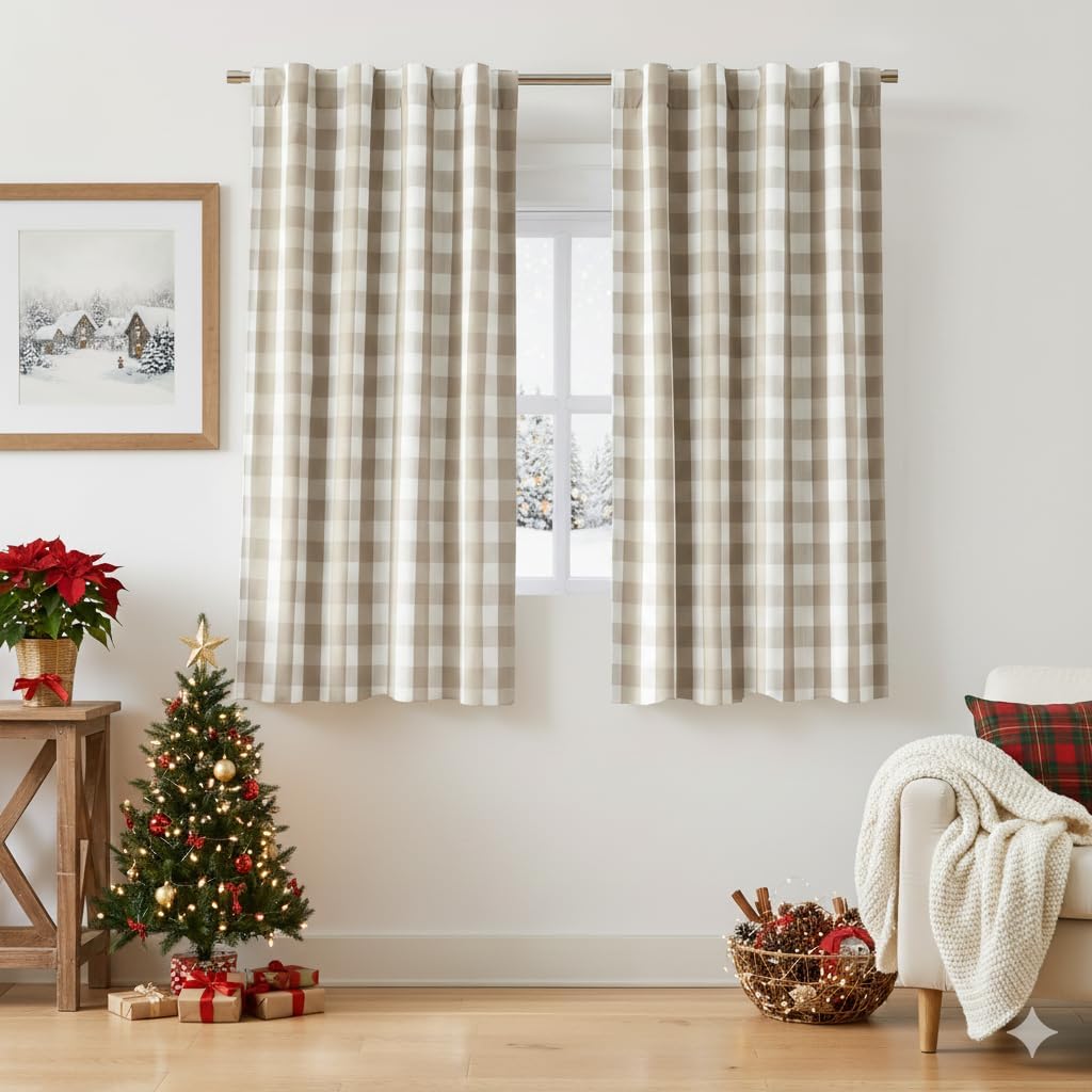 63 Inch Buffalo Plaid Blackout Curtain Panels for Bedroom Living Room,Beige White Farmhouse Gingham Drapes,Thermal Insulated Window Treatment,Rod Pocket Back Tabs,40" Wx63 Lx2 40"W x 63"L (Pack of 2) Beige/White
