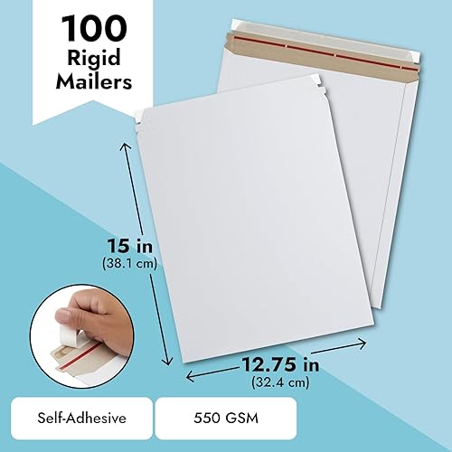 Miniatura 4 de Paquete de 100 sobres rígidos gruesos y planos de 12.75 x 15 pulgadas con sello autoadhesivo, sobres de cartón blanco a granel de 550 GSM para