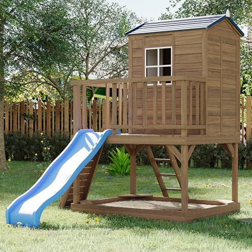 Kids Outdoor Playhouse with Slide, 2 Story Wooden Playhouse with Sandbox, Elevated Cedar Wooden Kids Playhouse with Step Ladder
