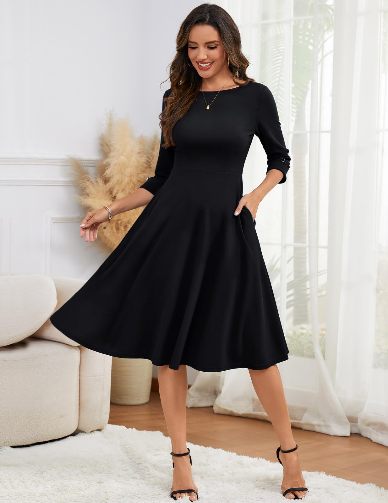 Homrain Damen Vintage Kleid Cocktailkleid Fur Hochzeitsgast Langarm A-Linie Flare Kleid Freizeitkleid Midikleid Mit Tasche