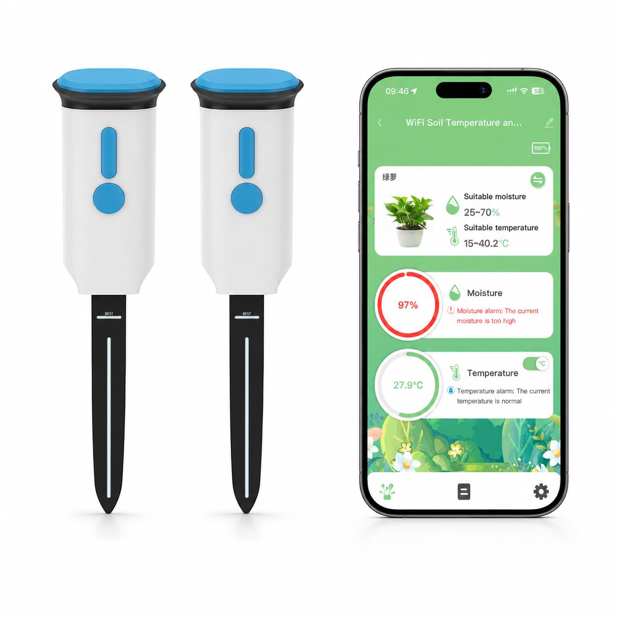 Sensore di umidità del suolo Wi-Fi con temperatura del suolo, Smart Life App Monitor per piante da appartamento, 2,4 GHz senza hub, allarme in caso di terreno troppo secco o bagnato, cronologia