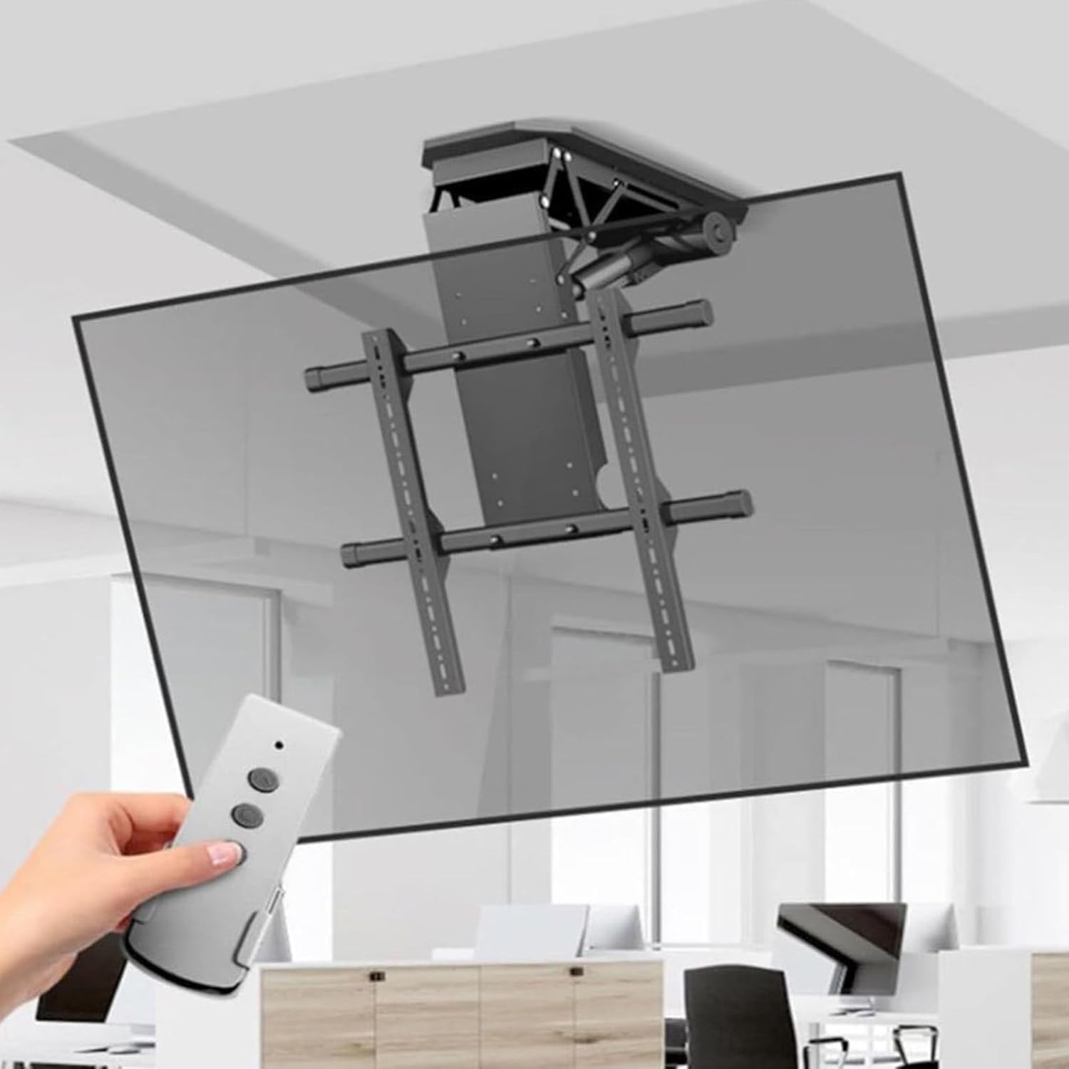 HajMyrdonyx Motorized Ceiling TV Mount, Hidden Drop Down TV Lift with Auto Lifting, Motorized TV Mount for 50-90 Inch TVs, Motorized TV Stand with Remote Control and Switch Control